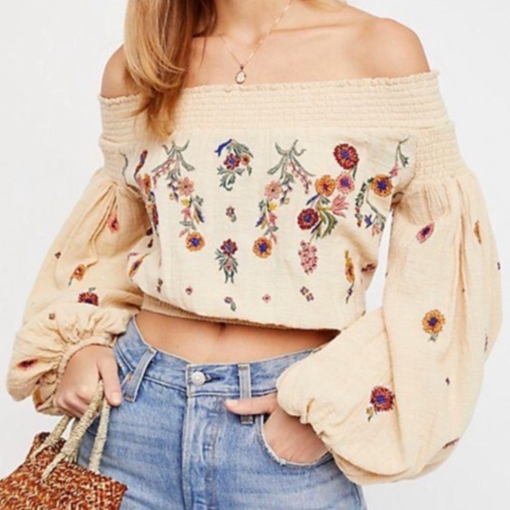 Free People Yellow Long Sleeve Floral Off-the-Shoulder Top // Saachi Smock Top